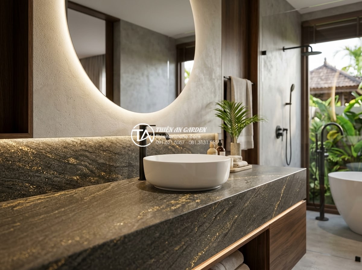 Tư Vấn Chọn Đá Kim Sa Làm Bàn Lavabo: Bền, Rẻ Hay Sang Trọng? - High-resolution professional photograph of a luxurious modern bathroom featuring