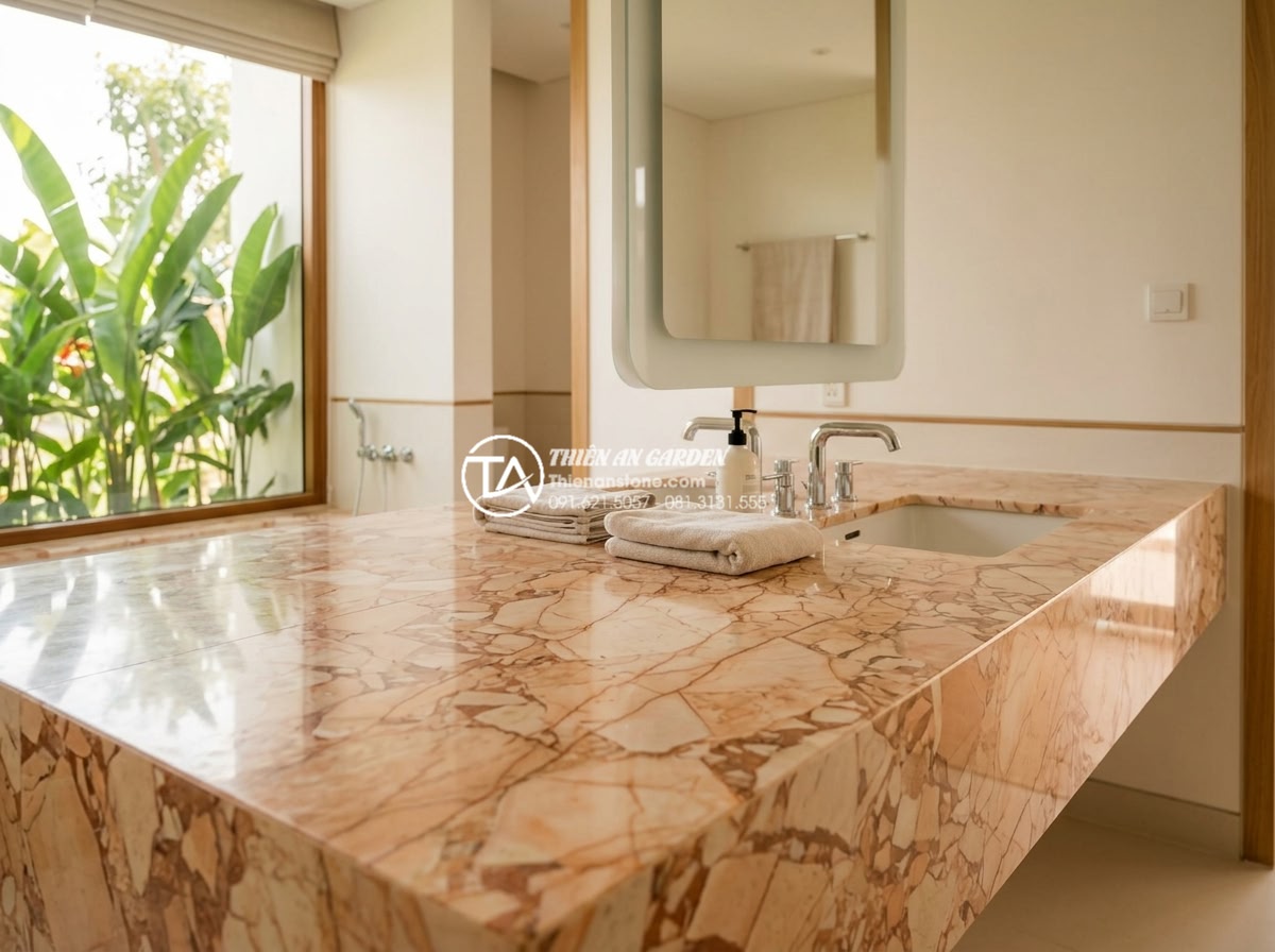 Tư Vấn Chọn Đá Kim Sa Làm Bàn Lavabo: Bền, Rẻ Hay Sang Trọng? - Professional wide-angle view of an elegant bathroom in a luxury Vietnamese villa