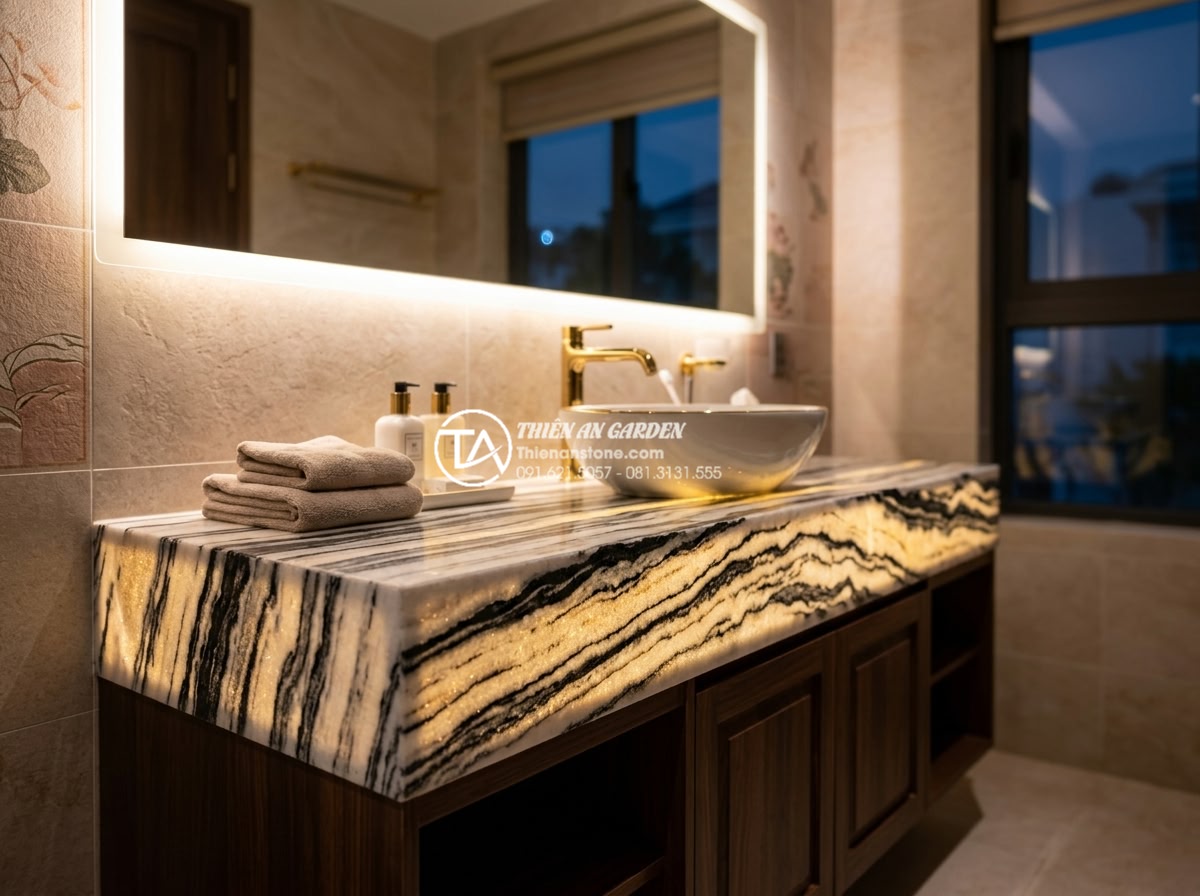 Tư Vấn Chọn Đá Kim Sa Làm Bàn Lavabo: Bền, Rẻ Hay Sang Trọng? - Stunning evening view of a high-end bathroom with Kim Sa stone lavabo countertop