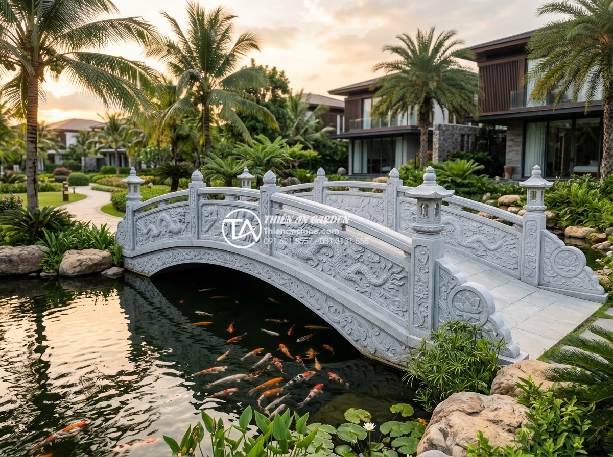 Ứng dụng của đá mỹ nghệ trong kiến trúc cầu cảnh hiện đại ngày nay - Hình 1 Ứng dụng của đá mỹ nghệ trong kiến trúc cầu cảnh hiện đại ngày nay - Luxurious modern natural stone bridge with intricate lotus and dragon carvings m