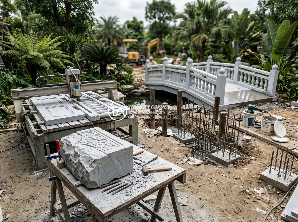 Ứng dụng của đá mỹ nghệ trong kiến trúc cầu cảnh hiện đại ngày nay - Hình 5 Ứng dụng của đá mỹ nghệ trong kiến trúc cầu cảnh hiện đại ngày nay - Professional construction process of a custom stone bridge: artisans hand-carvin
