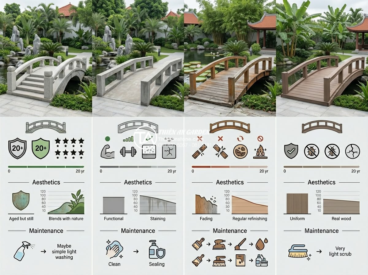 Ứng dụng của đá mỹ nghệ trong kiến trúc cầu cảnh hiện đại ngày nay - Hình 6 Ứng dụng của đá mỹ nghệ trong kiến trúc cầu cảnh hiện đại ngày nay - Side-by-side material comparison infographic style: elegant granite stone bridge