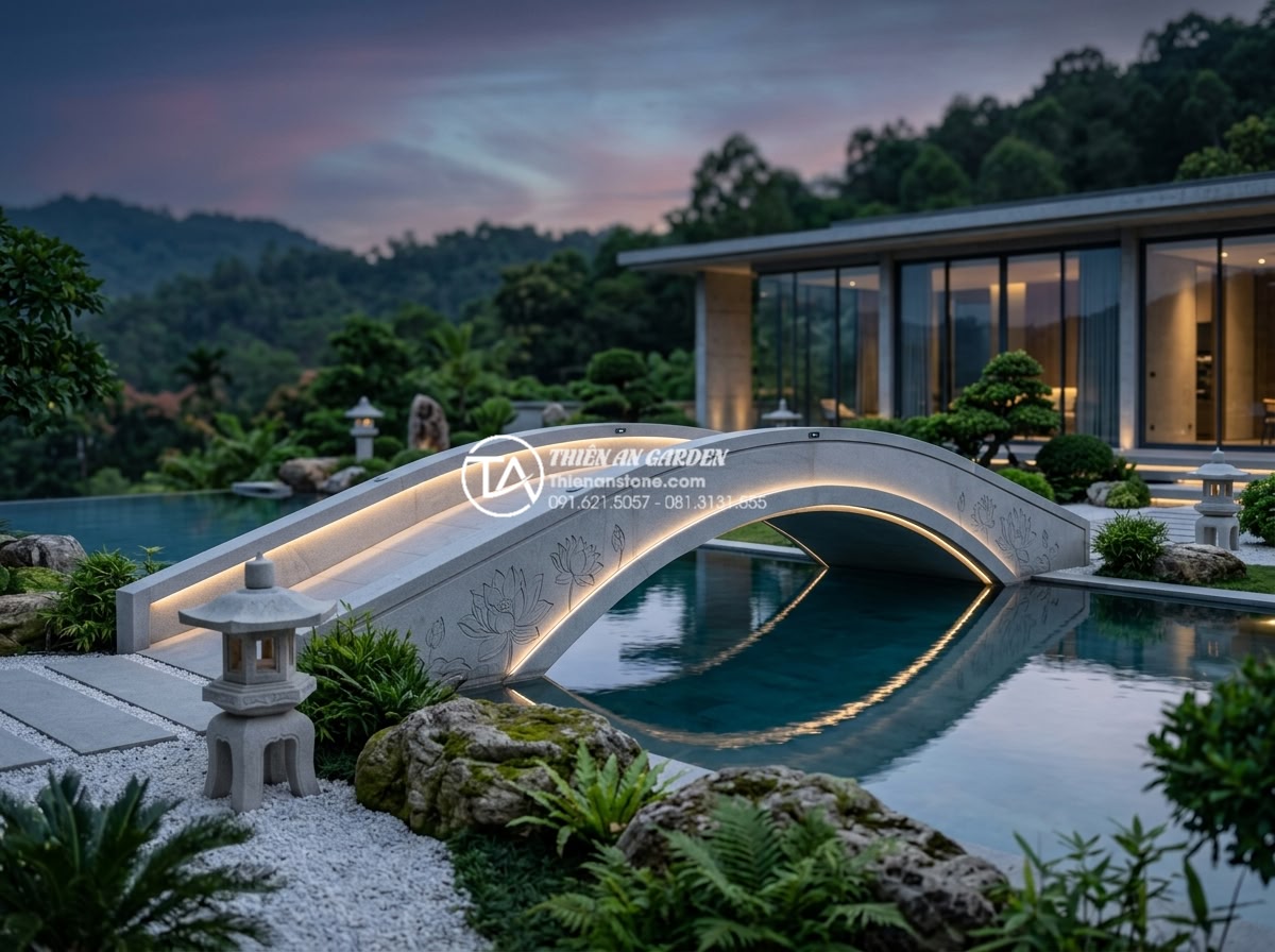 Ứng dụng của đá mỹ nghệ trong kiến trúc cầu cảnh hiện đại ngày nay - Hình 7 Ứng dụng của đá mỹ nghệ trong kiến trúc cầu cảnh hiện đại ngày nay - Futuristic 2026 stone bridge design: ultra-modern minimalist granite arch with s