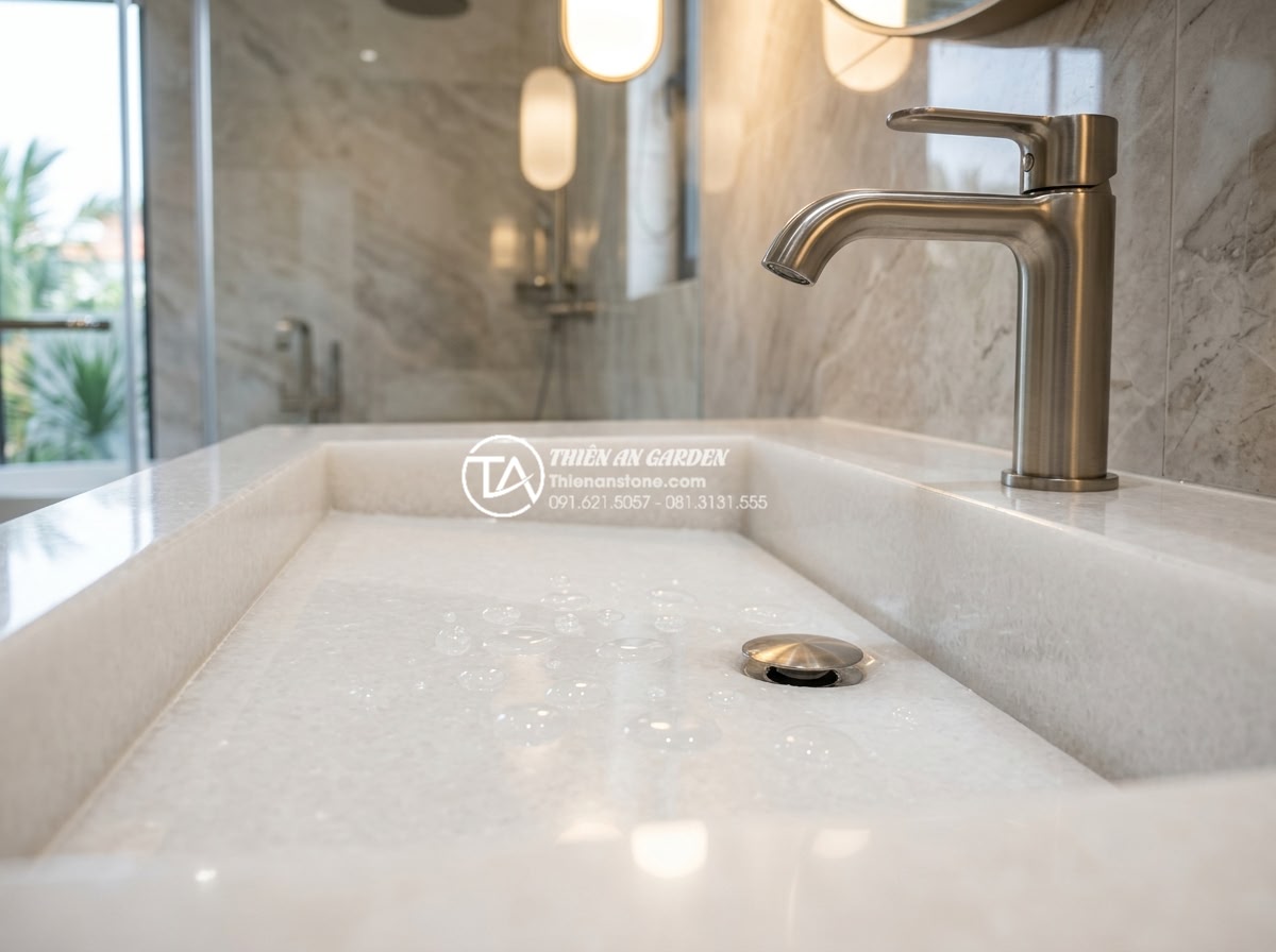 Ưu Điểm Vượt Trội Của Lavabo Đá Hoa cương (Granite) Trong Chịu Lực Và Chống Thấm - High-resolution professional photograph of a luxurious polished black granite la