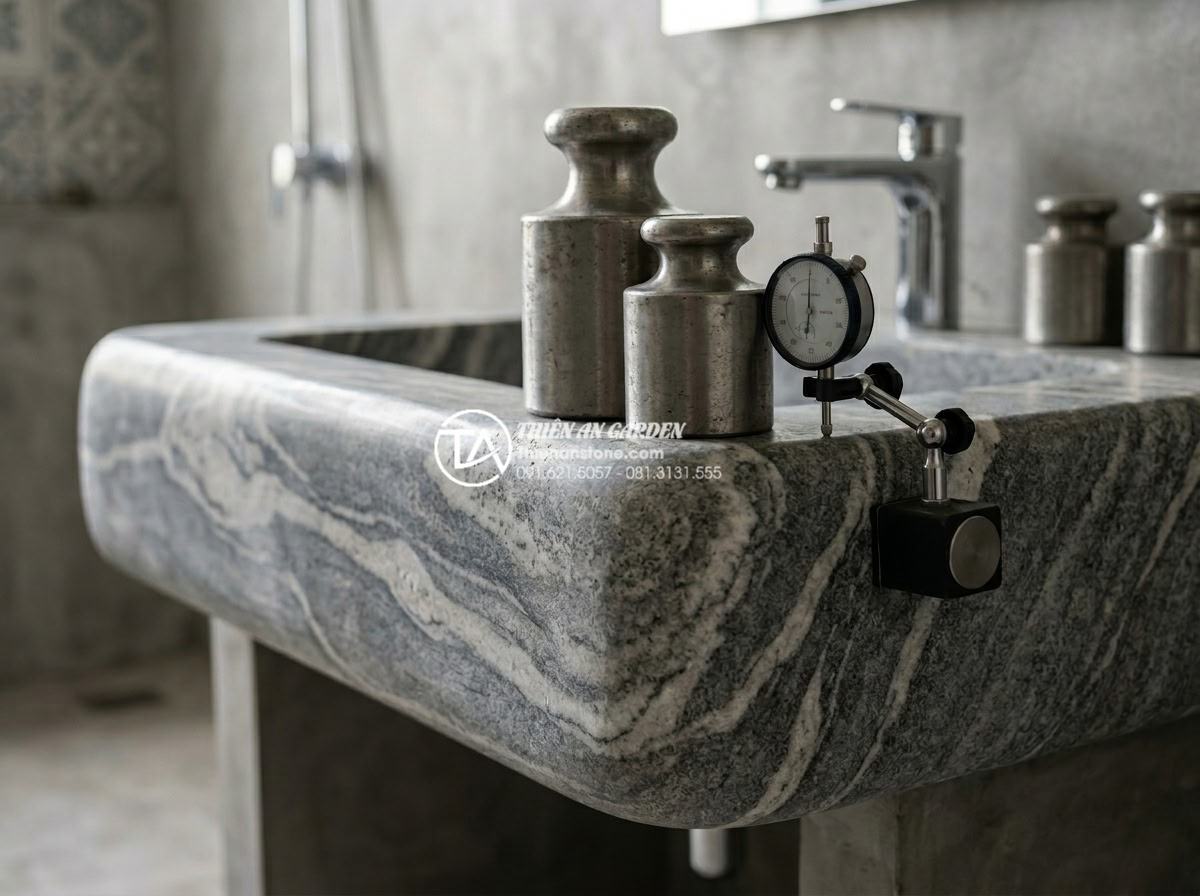 Ưu Điểm Vượt Trội Của Lavabo Đá Hoa cương (Granite) Trong Chịu Lực Và Chống Thấm - Engineering close-up image of a thick granite lavabo sink edge under extreme loa