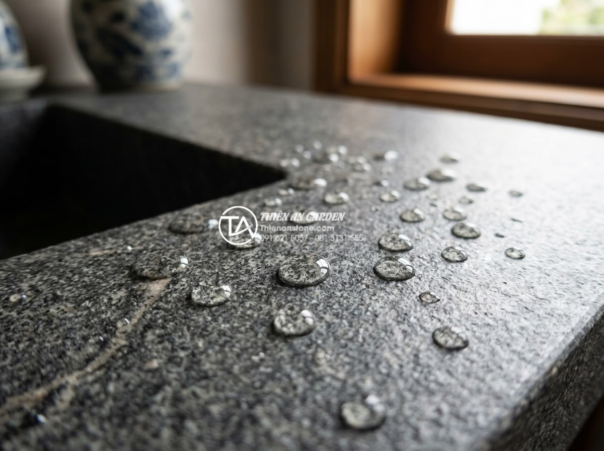 Ưu Điểm Vượt Trội Của Lavabo Đá Hoa cương (Granite) Trong Chịu Lực Và Chống Thấm - Macro photography of water droplets beading perfectly on a polished granite lava