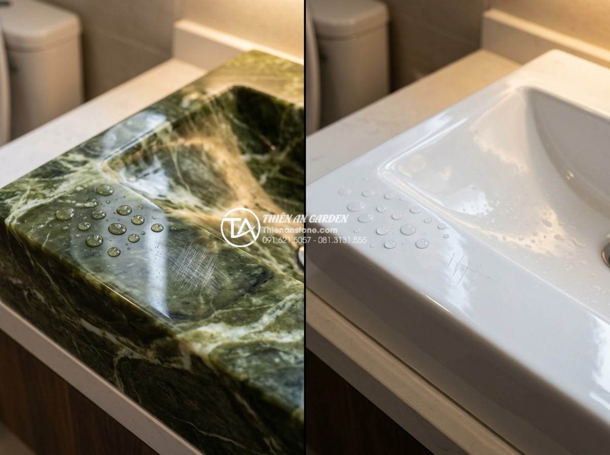 Ưu Điểm Vượt Trội Của Lavabo Đá Hoa cương (Granite) Trong Chịu Lực Và Chống Thấm - Professional comparison infographic style image showing side-by-side installatio