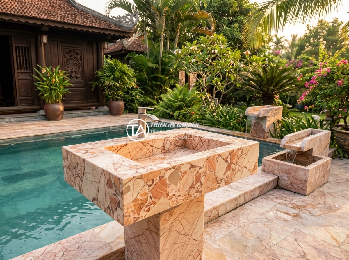 Ưu Điểm Vượt Trội Của Lavabo Đá Hoa cương (Granite) Trong Chịu Lực Và Chống Thấm - Wide angle photograph of an outdoor luxury granite lavabo sink installed beside 