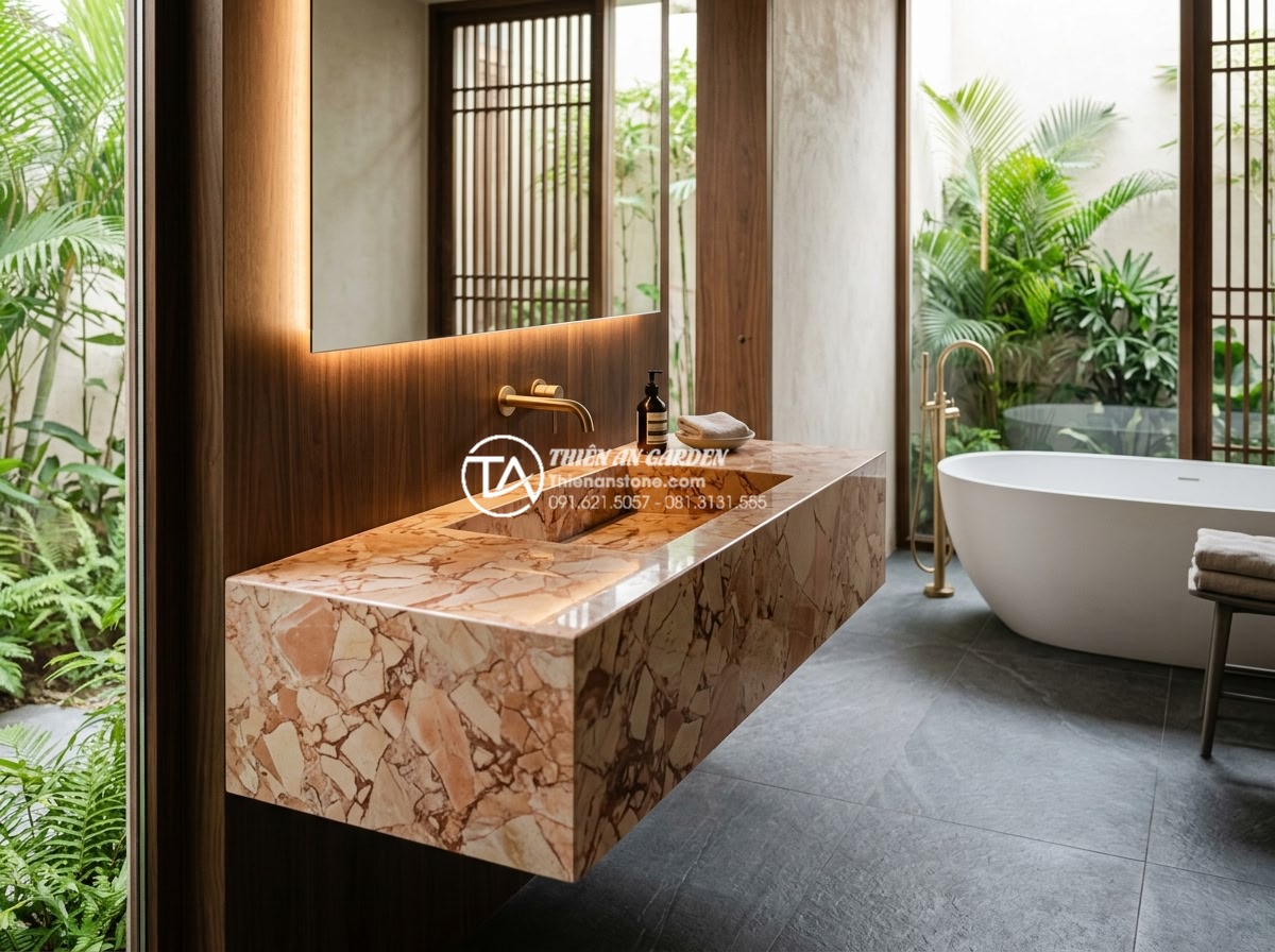 Ưu Điểm Vượt Trội Của Lavabo Đá Hoa cương (Granite) Trong Chịu Lực Và Chống Thấm - Trendy 2026 granite lavabo design in a minimalist luxury bathroom, combining nat
