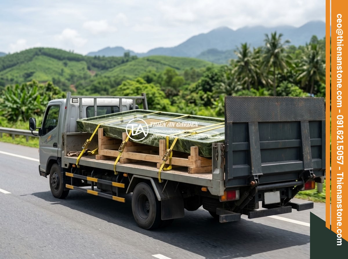 Vận chuyển bàn trà đá nguyên khối: Những lưu ý để không làm nứt vỡ - Wide angle professional image of a specialized heavy-duty transport truck custom