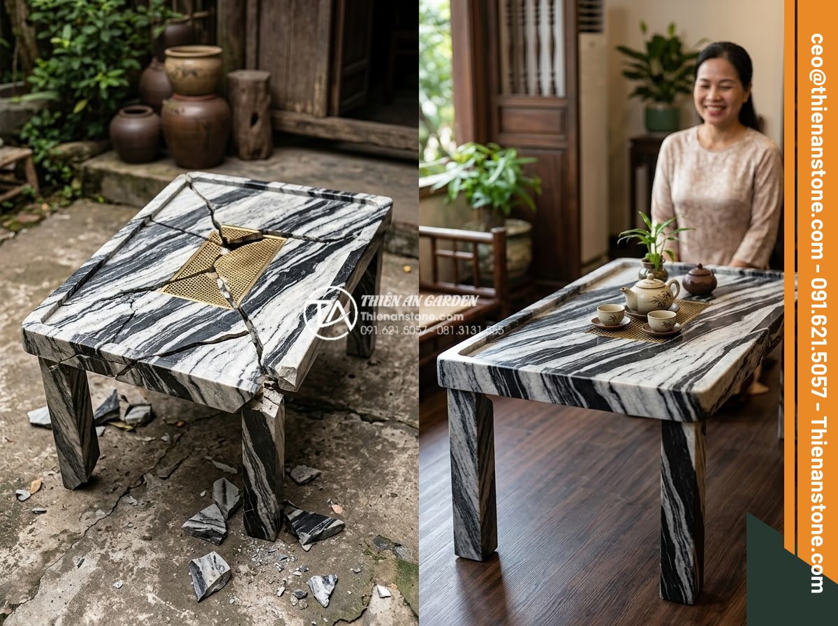 Vận chuyển bàn trà đá nguyên khối: Những lưu ý để không làm nứt vỡ - Split comparison professional image showing left side: damaged cracked stone tea