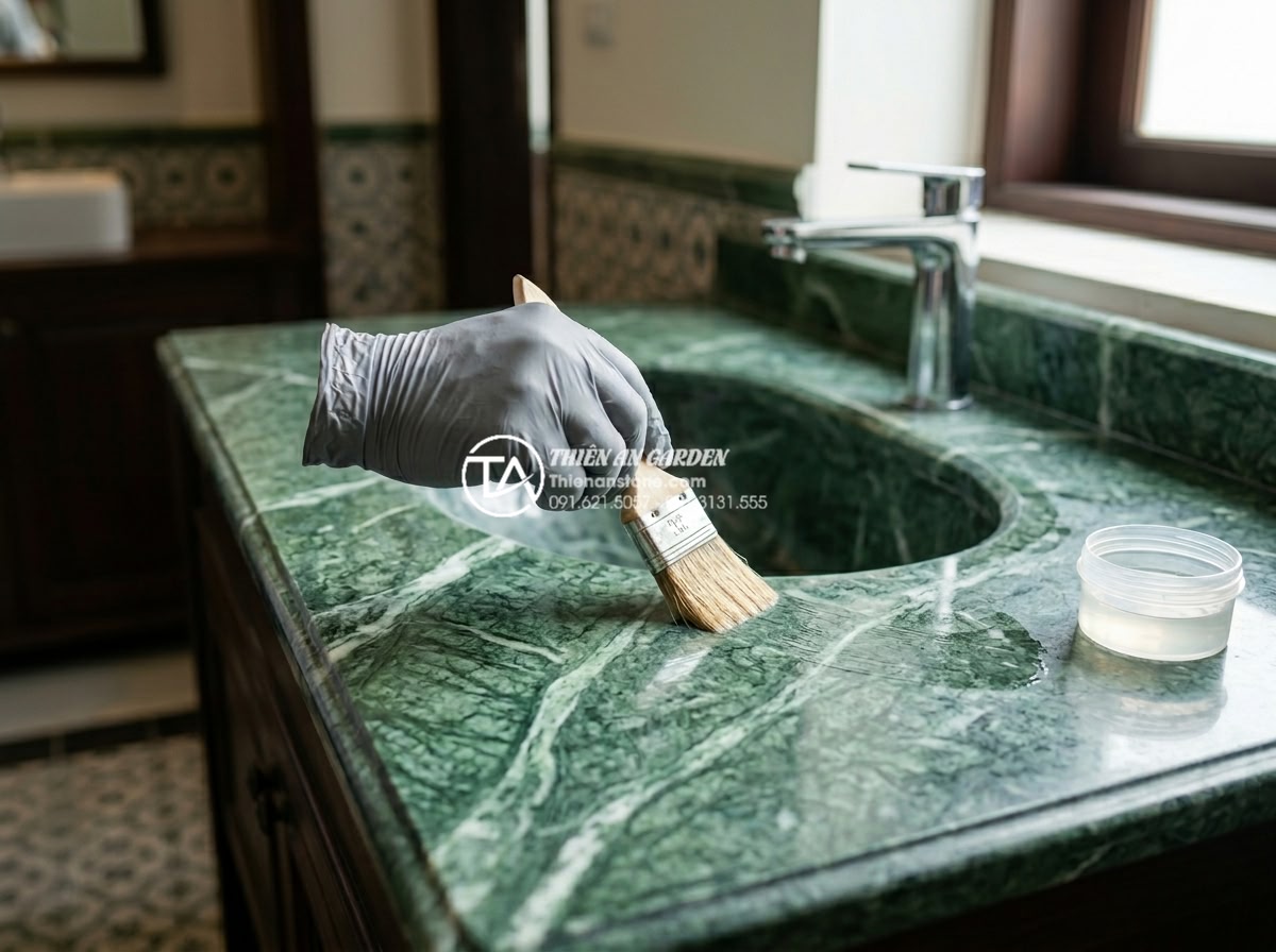 Vệ Sinh Lavabo Đá Tự Nhiên Đúng Cách: Giữ Bề Mặt Luôn Sáng Bóng Như Mới - Image showing application of stone sealer on natural stone lavabo using soft bru