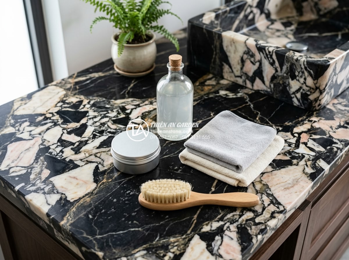 Vệ Sinh Lavabo Đá Tự Nhiên Đúng Cách: Giữ Bề Mặt Luôn Sáng Bóng Như Mới - Product flat lay image of recommended natural stone cleaning kit including pH ne