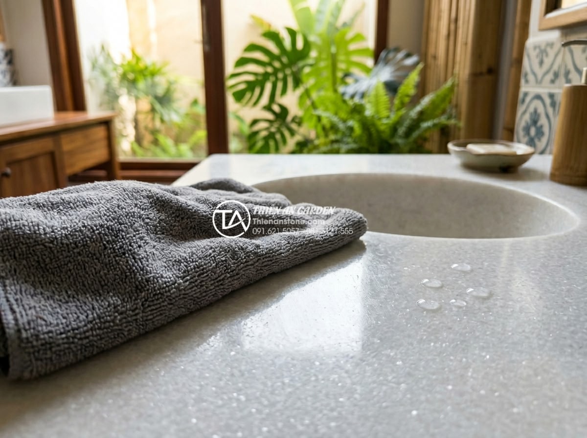 Vệ Sinh Lavabo Đá Tự Nhiên Đúng Cách: Giữ Bề Mặt Luôn Sáng Bóng Như Mới - Close-up of high quality microfiber cloth gently cleaning natural stone lavabo s
