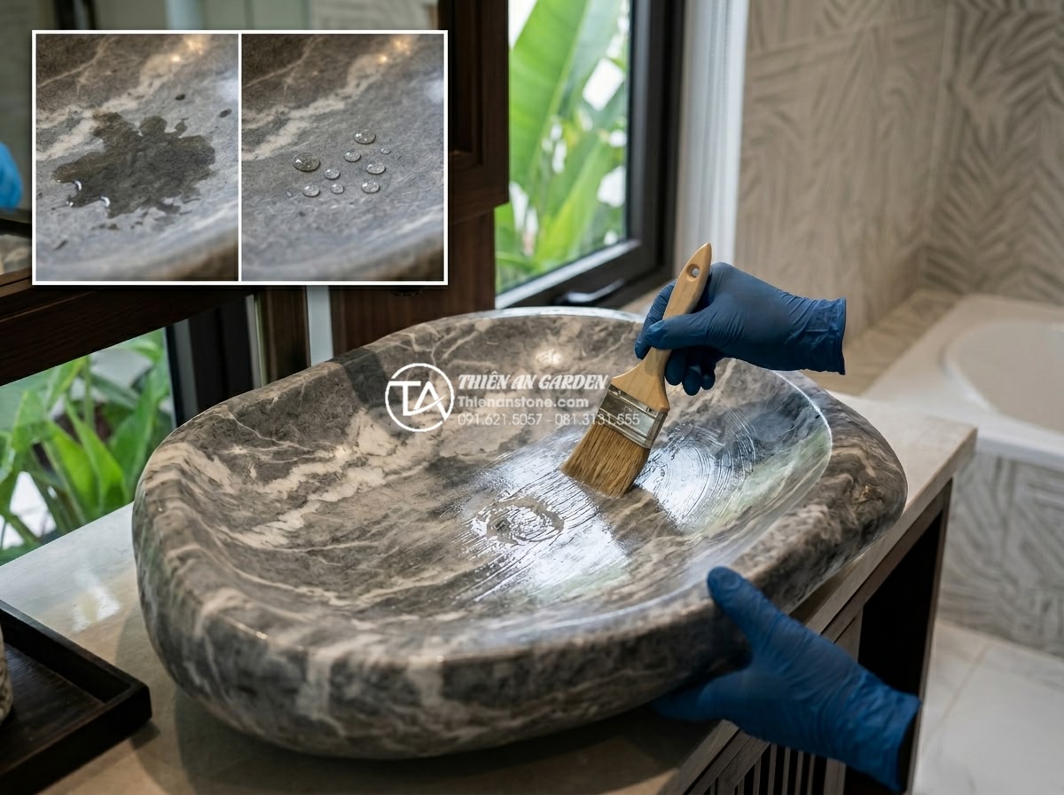 Vệ Sinh Lavabo Đá Tự Nhiên Đúng Cách: Giữ Bề Mặt Luôn Sáng Bóng Như Mới - Professional image of stone sealer being professionally applied to natural stone