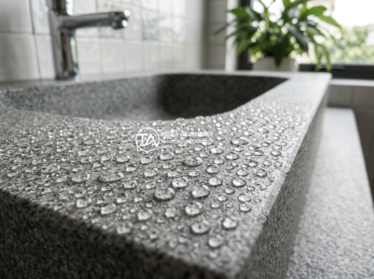Vệ Sinh Lavabo Đá Tự Nhiên Đúng Cách: Giữ Bề Mặt Luôn Sáng Bóng Như Mới - Macro shot of water droplets perfectly beading on freshly sealed natural stone l