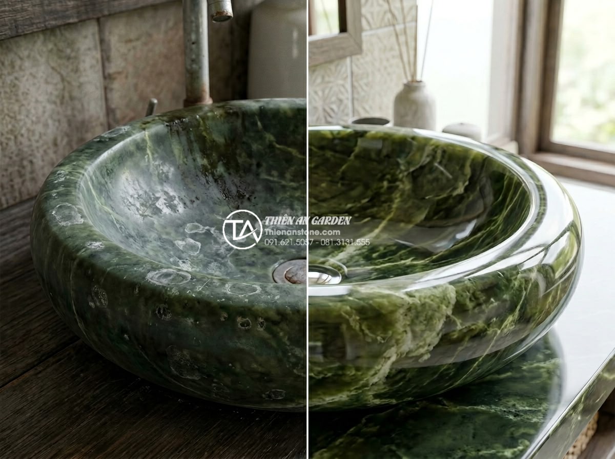 Vệ Sinh Lavabo Đá Tự Nhiên Đúng Cách: Giữ Bề Mặt Luôn Sáng Bóng Như Mới - Educational before and after split image showing natural stone lavabo with visib