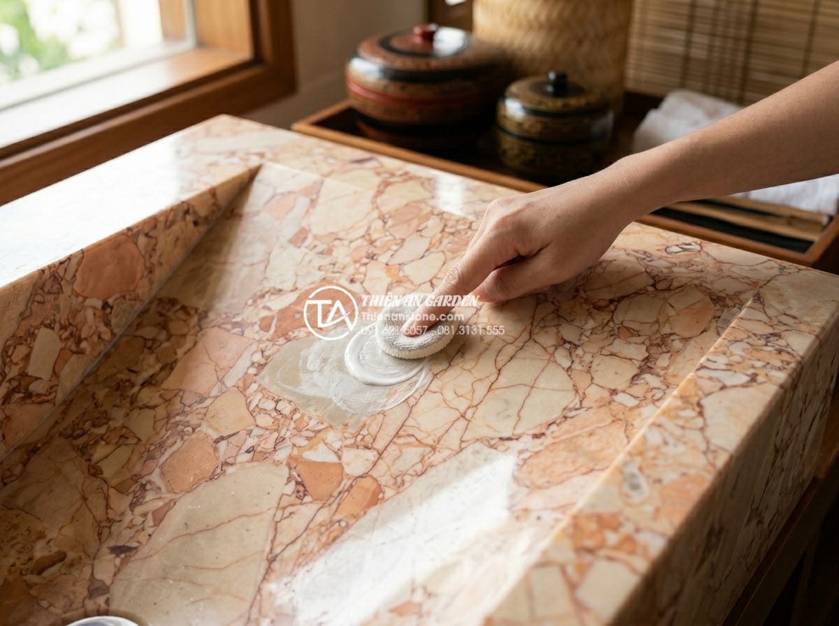 Vệ Sinh Lavabo Đá Tự Nhiên Đúng Cách: Giữ Bề Mặt Luôn Sáng Bóng Như Mới - Close-up professional image of hands applying marble polishing compound to etche