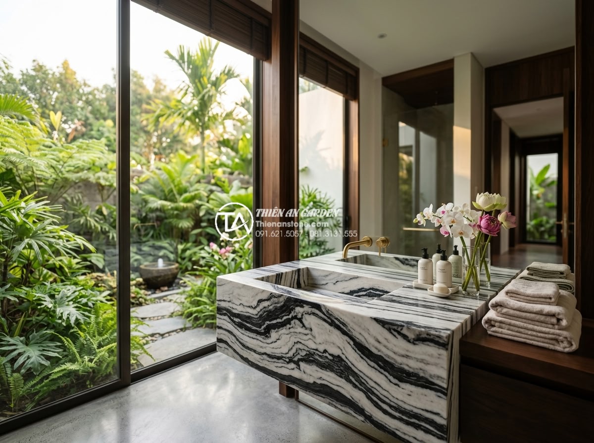 Vệ Sinh Lavabo Đá Tự Nhiên Đúng Cách: Giữ Bề Mặt Luôn Sáng Bóng Như Mới - Stunning wide angle image of a beautifully maintained natural stone lavabo in a 