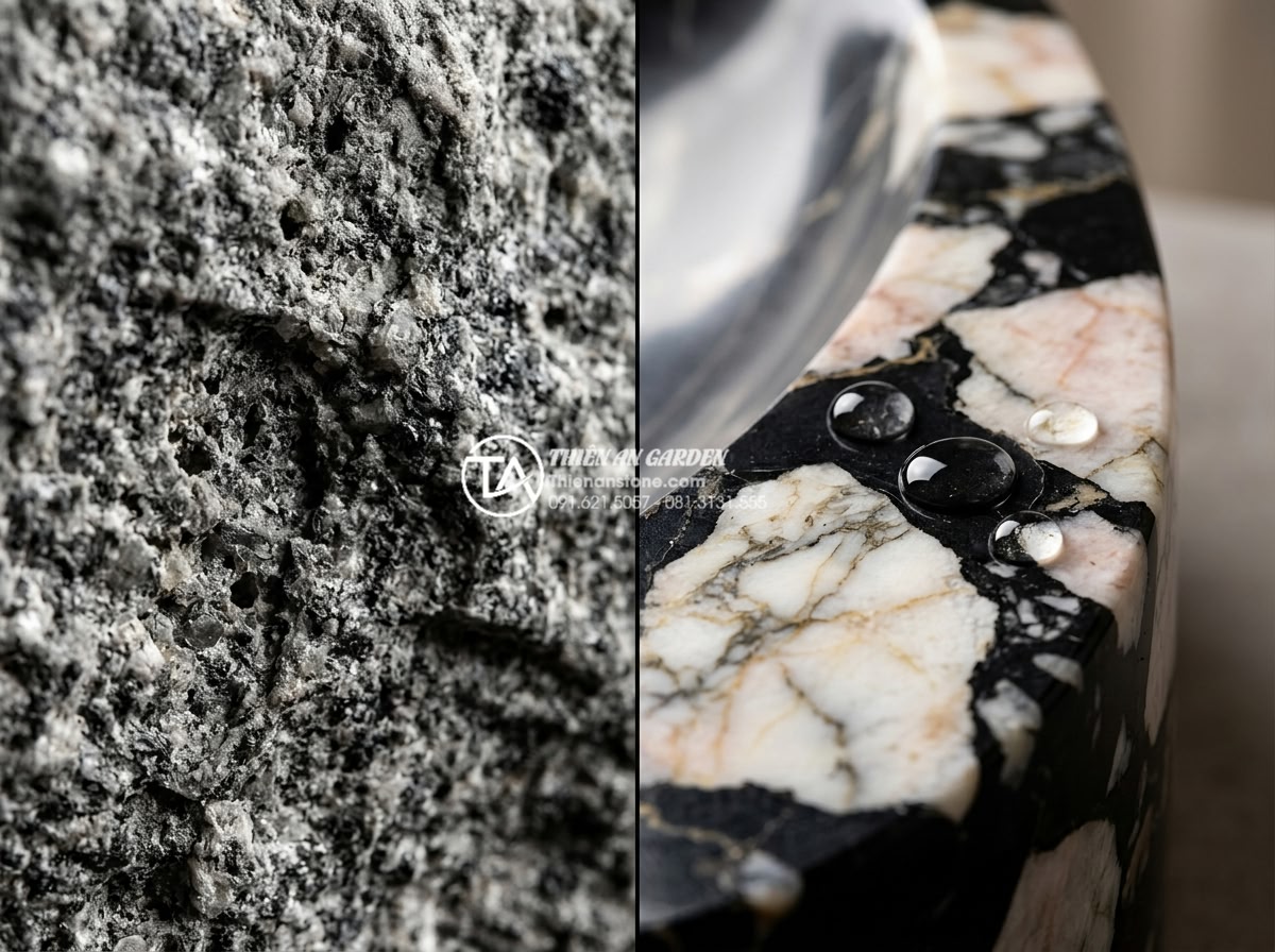 Vệ Sinh Lavabo Đá Tự Nhiên Đúng Cách: Giữ Bề Mặt Luôn Sáng Bóng Như Mới - Close-up macro shot of natural stone texture showing microscopic pores on unpoli