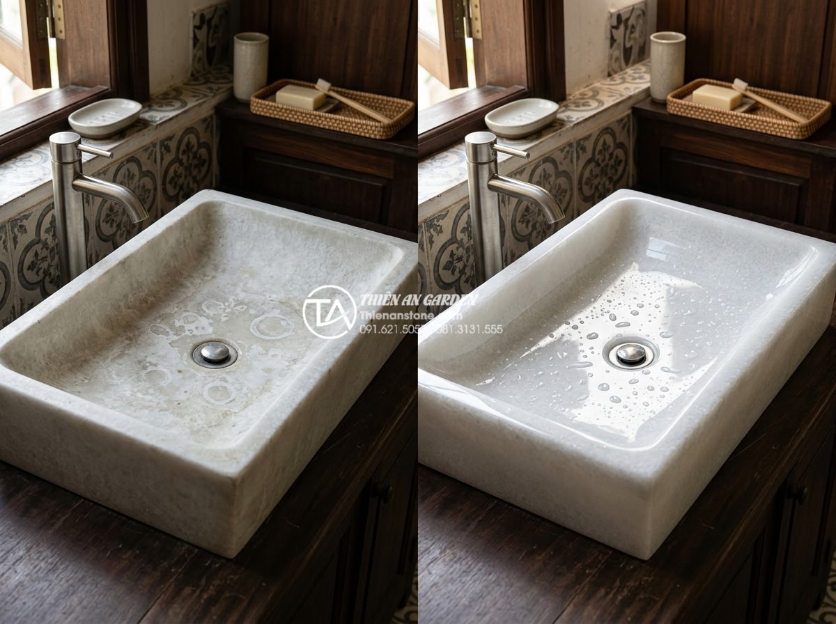 Vệ Sinh Lavabo Đá Tự Nhiên Đúng Cách: Giữ Bề Mặt Luôn Sáng Bóng Như Mới - Side-by-side professional comparison image of two identical marble natural stone