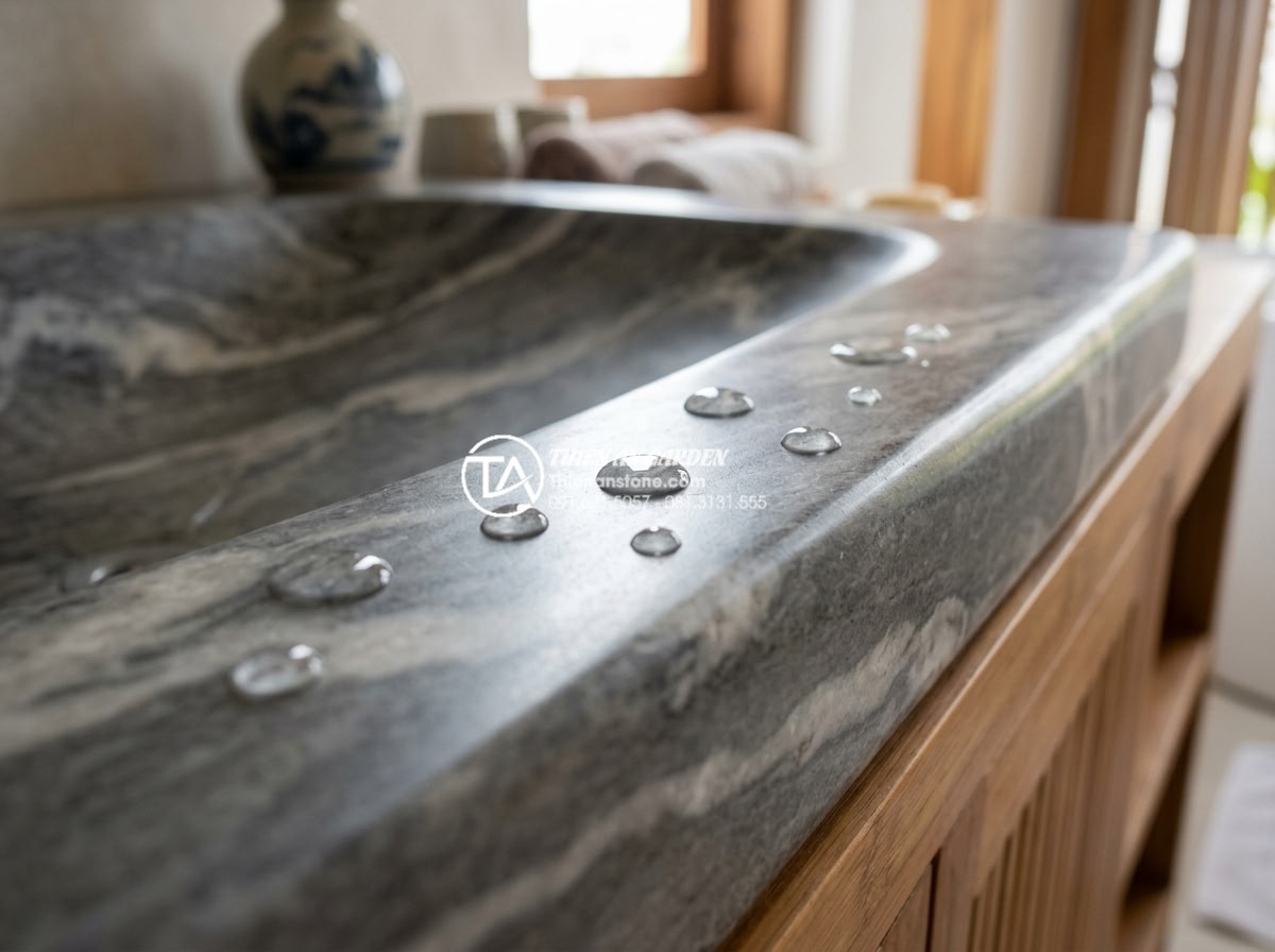Vệ Sinh Lavabo Đá Tự Nhiên Đúng Cách: Giữ Bề Mặt Luôn Sáng Bóng Như Mới - Detailed close-up of travertine natural stone lavabo surface showing filled pore
