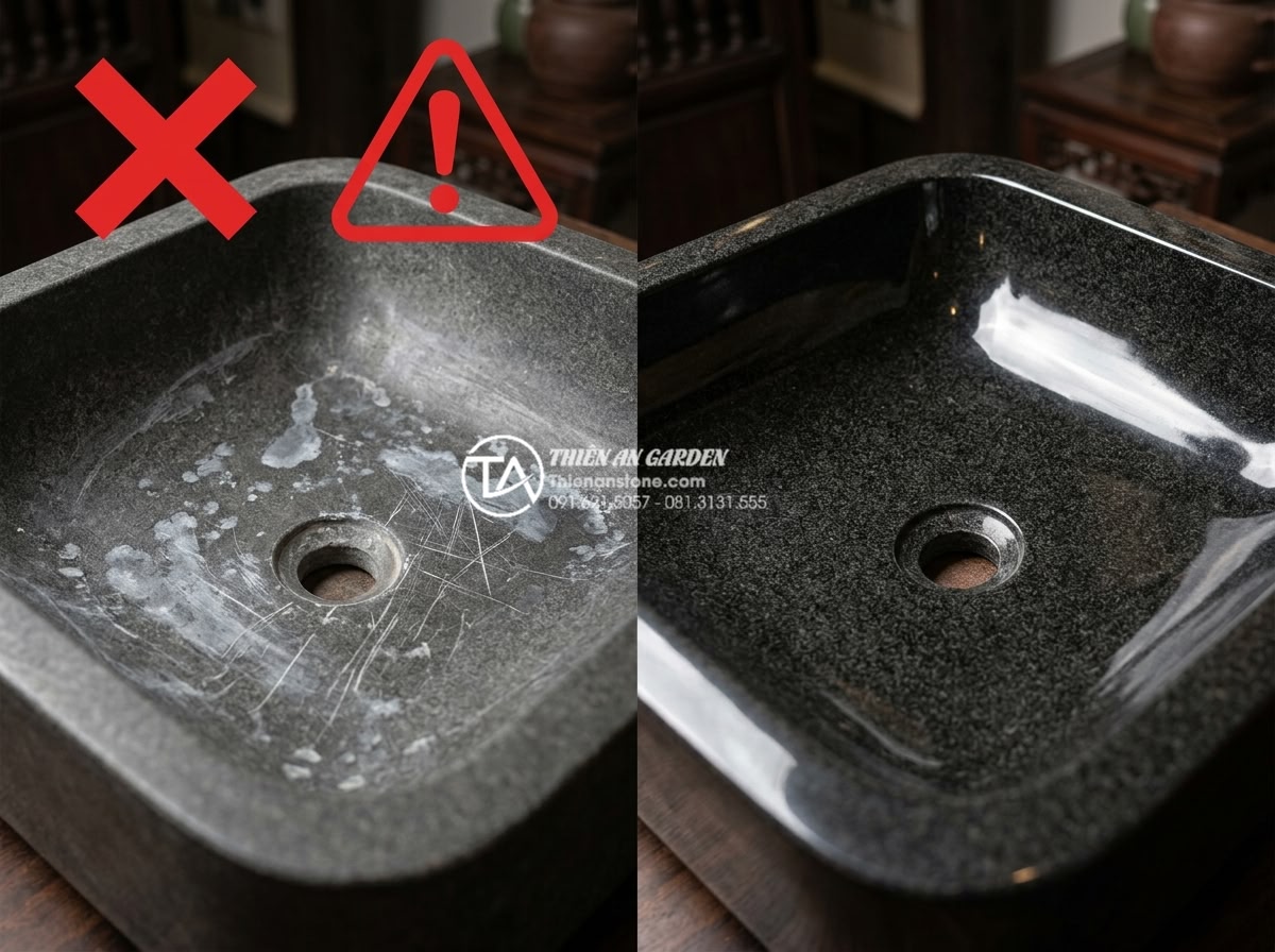Vệ Sinh Lavabo Đá Tự Nhiên Đúng Cách: Giữ Bề Mặt Luôn Sáng Bóng Như Mới - Warning style educational image showing damaged natural stone lavabo with visibl