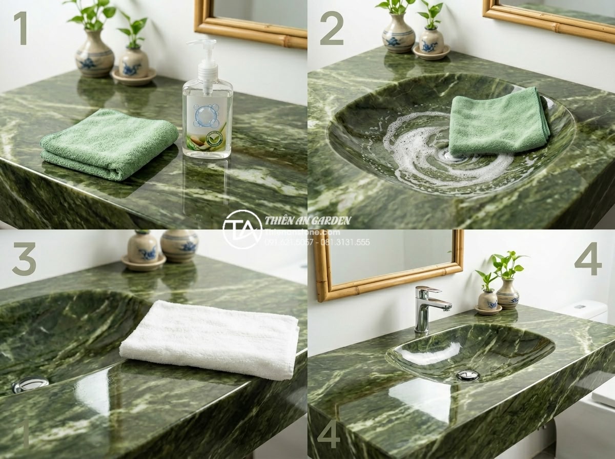 Vệ Sinh Lavabo Đá Tự Nhiên Đúng Cách: Giữ Bề Mặt Luôn Sáng Bóng Như Mới - Step-by-step infographic style image of daily natural stone lavabo cleaning rout