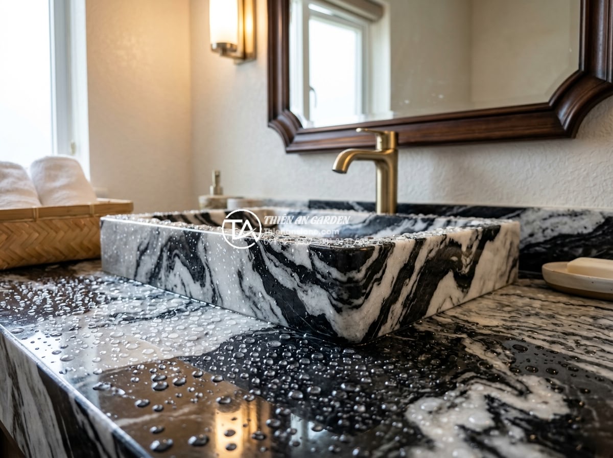 Vệ Sinh Lavabo Đá Tự Nhiên Đúng Cách: Giữ Bề Mặt Luôn Sáng Bóng Như Mới - High resolution image of natural stone lavabo after daily cleaning showing perfe