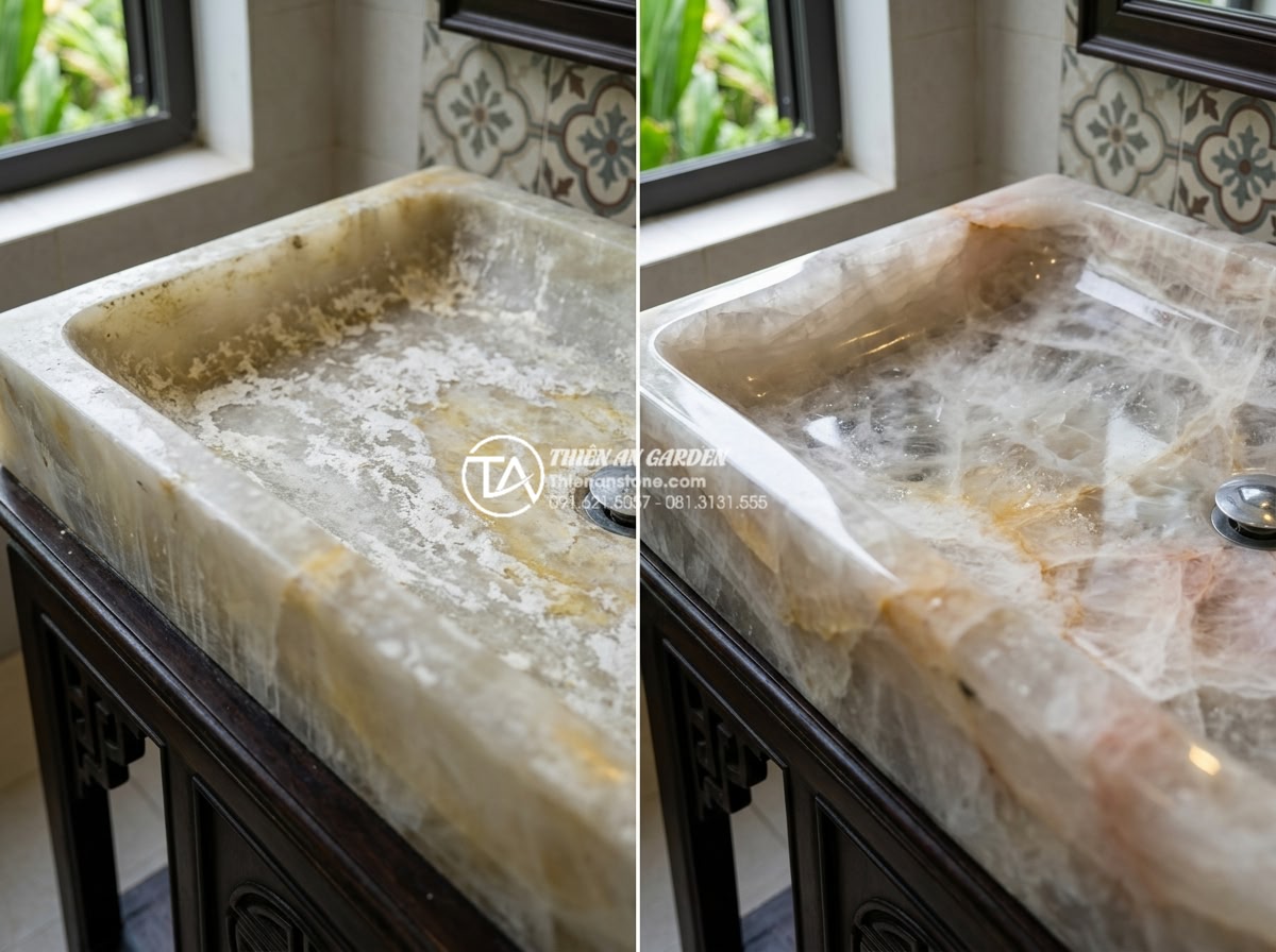 Vệ Sinh Lavabo Đá Tự Nhiên Đúng Cách: Giữ Bề Mặt Luôn Sáng Bóng Như Mới - Professional before and after image of natural stone bathroom sink heavily stain