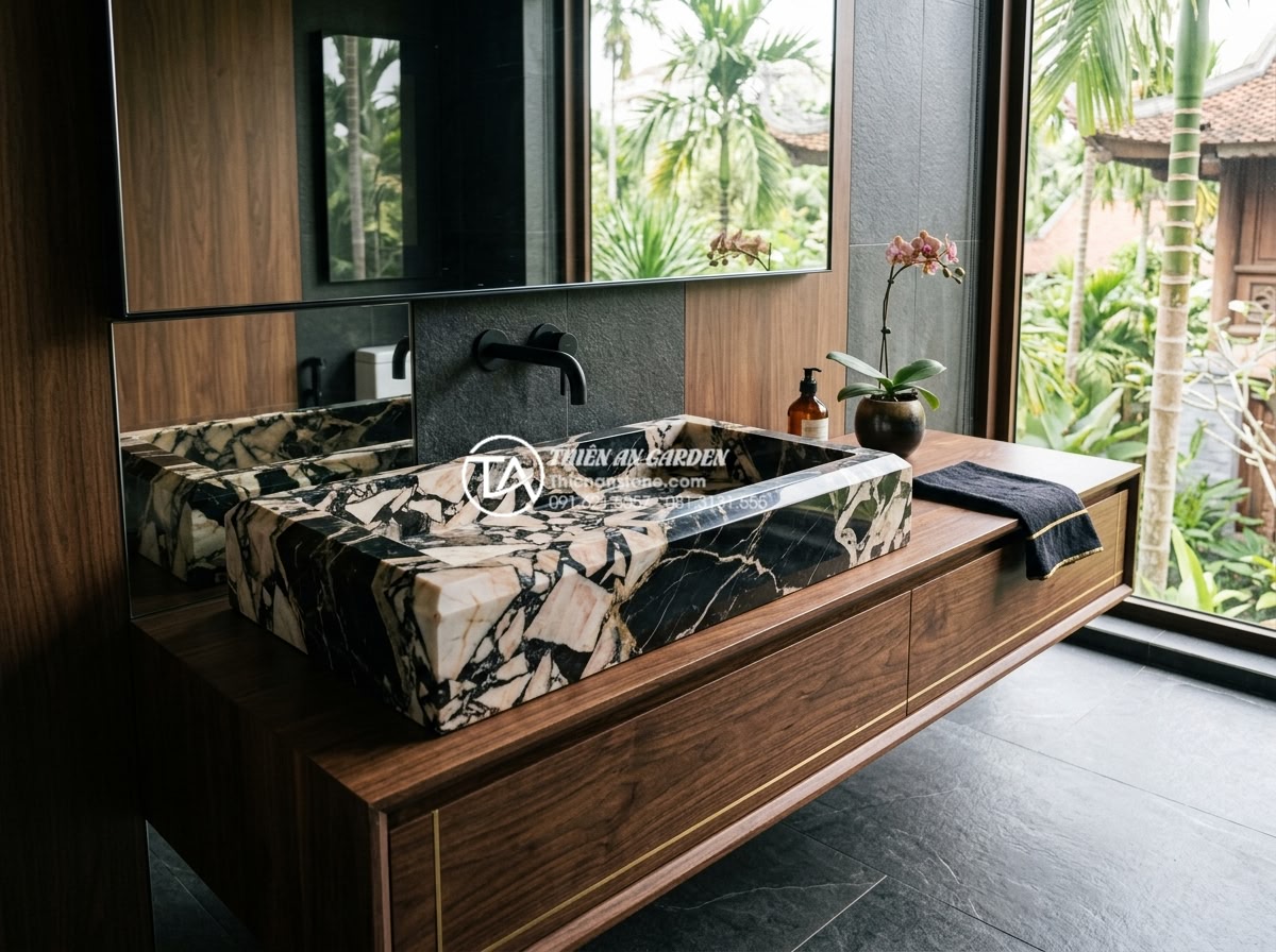 Xu Hướng Lavabo Kim Cương: Đường Cắt Sắc Sảo Cho Gia Chủ Cá Tính - Luxurious modern bathroom interior featuring a diamond-cut lavabo sink carved fr