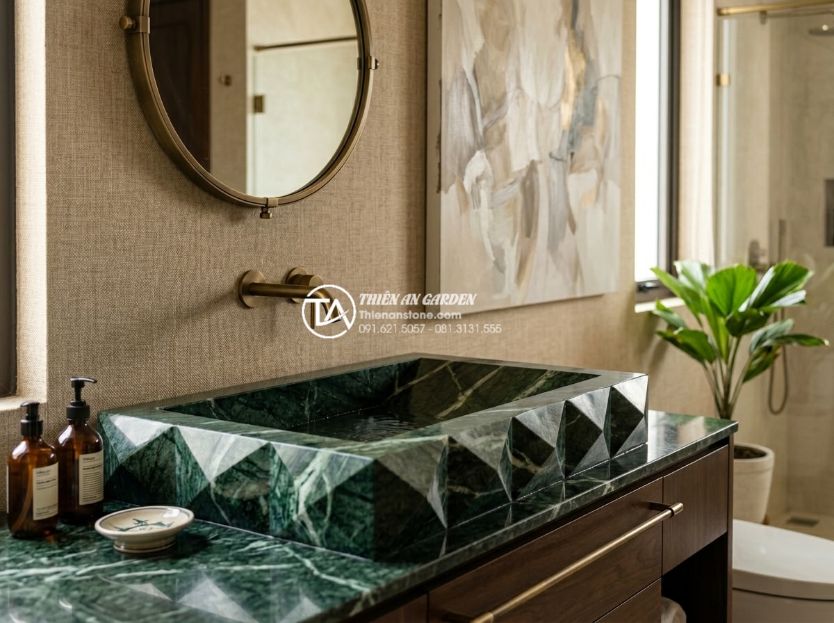Xu Hướng Lavabo Kim Cương: Đường Cắt Sắc Sảo Cho Gia Chủ Cá Tính - High-end bathroom vanity featuring a custom diamond-cut Calacatta Gold marble la