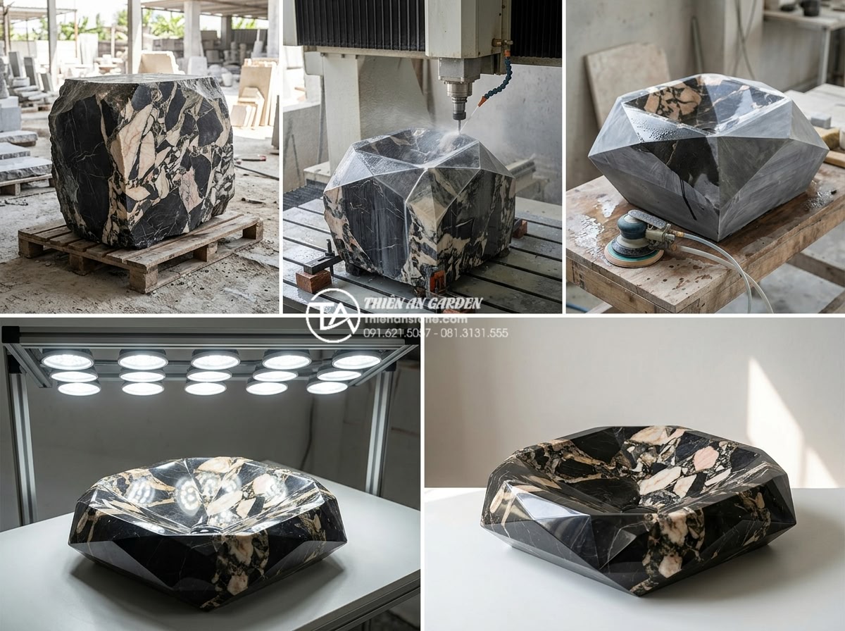 Xu Hướng Lavabo Kim Cương: Đường Cắt Sắc Sảo Cho Gia Chủ Cá Tính - Step-by-step workshop process of creating a diamond-cut lavabo: raw stone block,