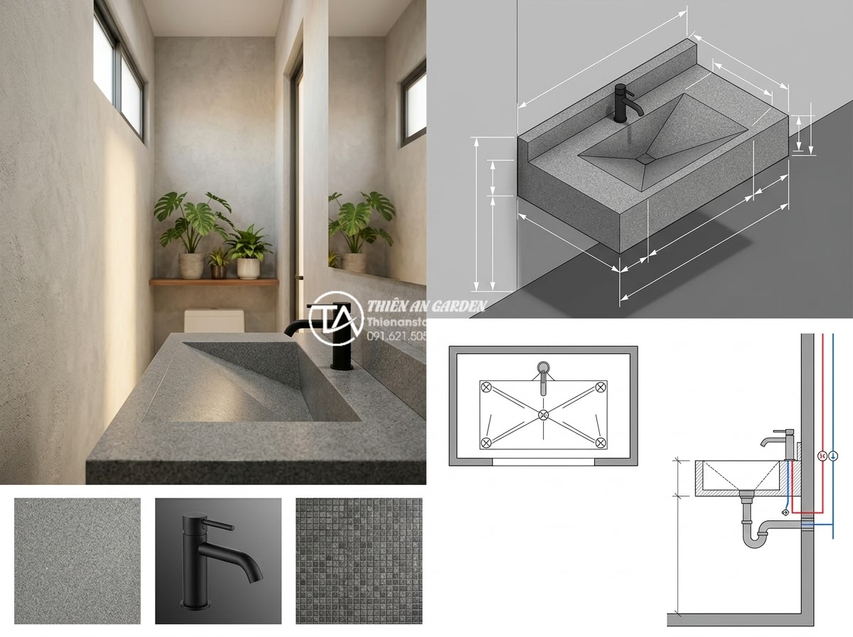 Xu Hướng Lavabo Kim Cương: Đường Cắt Sắc Sảo Cho Gia Chủ Cá Tính - Professional 3D rendering of a proposed diamond-cut lavabo installation in a nar