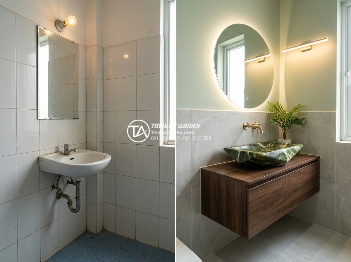 Xu Hướng Lavabo Kim Cương: Đường Cắt Sắc Sảo Cho Gia Chủ Cá Tính - Before-and-after photos of a bathroom renovation featuring new diamond-cut stone