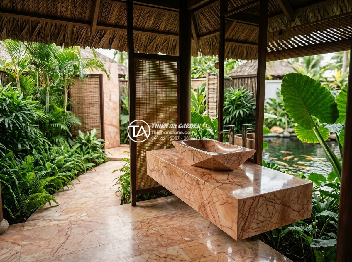 Xu Hướng Lavabo Kim Cương: Đường Cắt Sắc Sảo Cho Gia Chủ Cá Tính - Beautiful integration of diamond-cut lavabo in an outdoor garden bathroom pavili