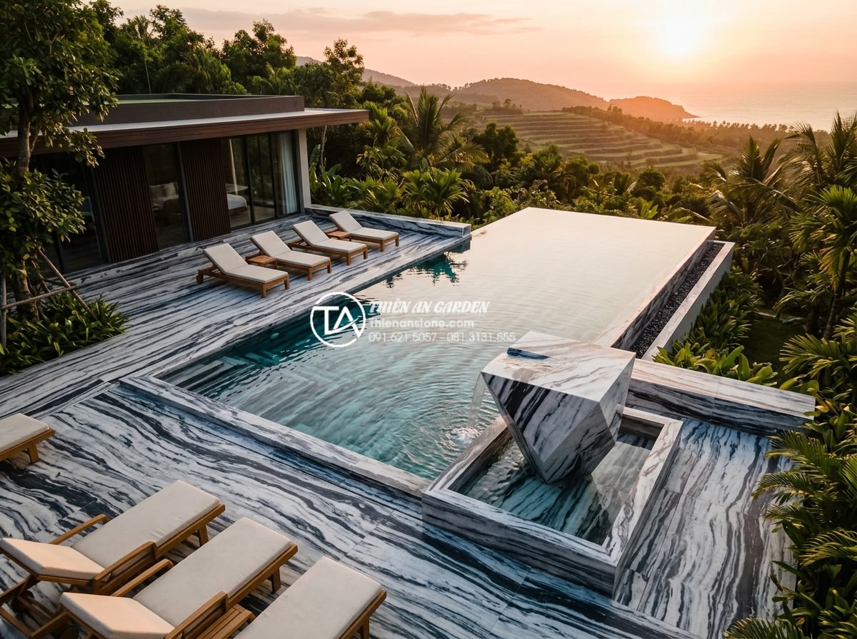 Xu Hướng Lavabo Kim Cương: Đường Cắt Sắc Sảo Cho Gia Chủ Cá Tính - Aerial view of a high-end villa courtyard featuring a standalone diamond-cut sto