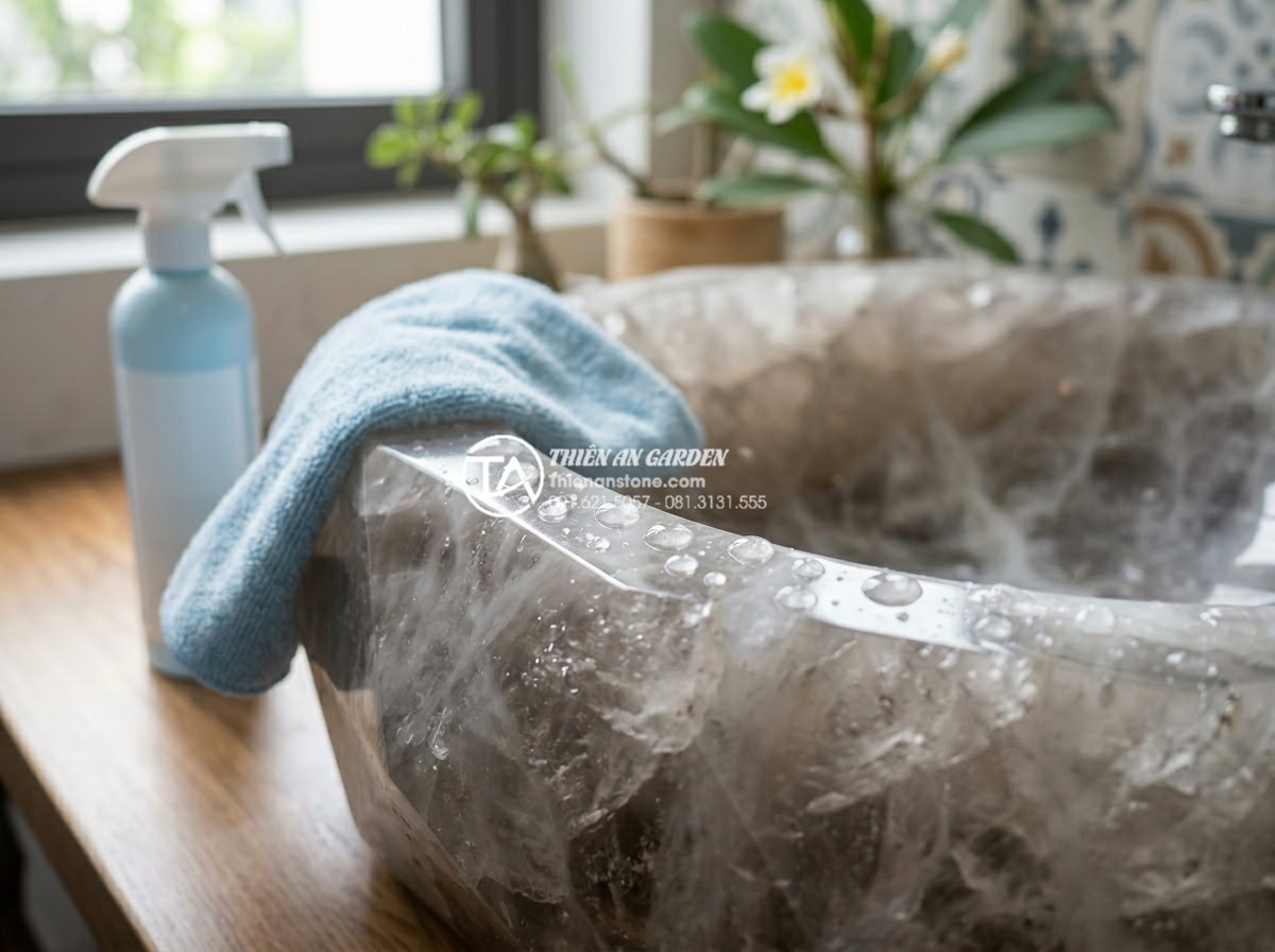 Xu Hướng Lavabo Kim Cương: Đường Cắt Sắc Sảo Cho Gia Chủ Cá Tính - Close-up of proper cleaning technique for diamond-cut lavabo using soft microfib