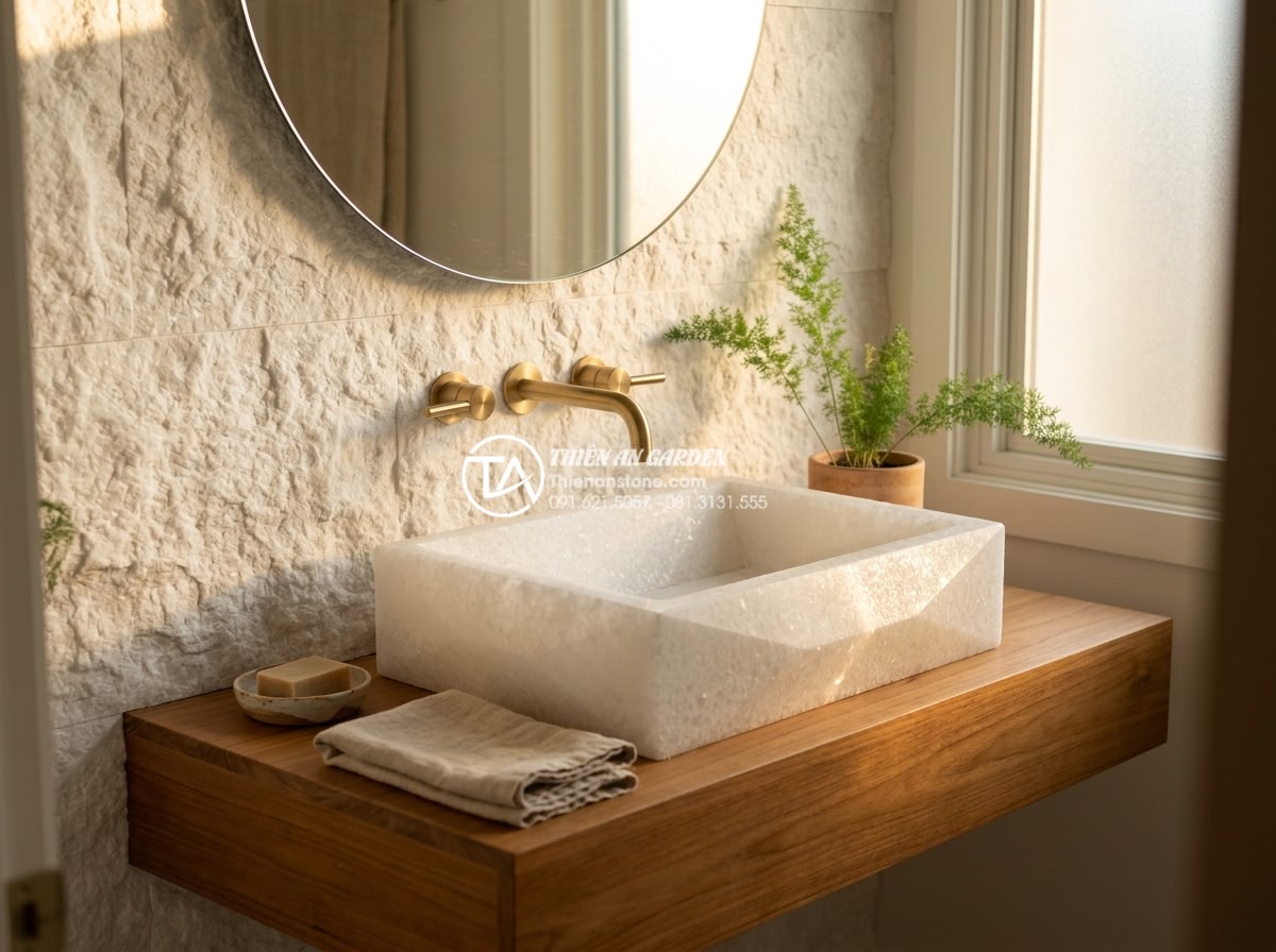 Xu Hướng Lavabo Kim Cương: Đường Cắt Sắc Sảo Cho Gia Chủ Cá Tính - Elegant powder room design with a striking diamond-cut onyx lavabo sink in warm 