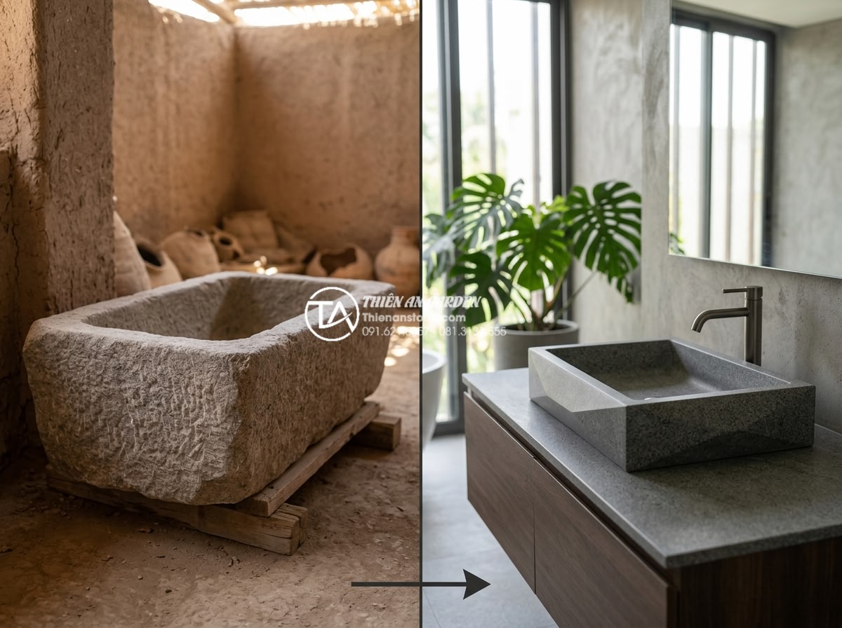 Xu Hướng Lavabo Kim Cương: Đường Cắt Sắc Sảo Cho Gia Chủ Cá Tính - Historical comparison collage showing evolution of stone sinks from ancient Egyp