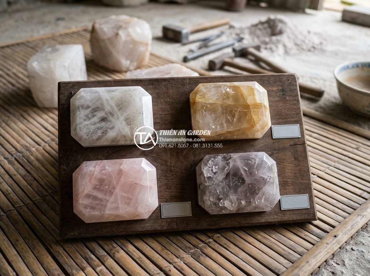 Xu Hướng Lavabo Kim Cương: Đường Cắt Sắc Sảo Cho Gia Chủ Cá Tính - Material comparison board displaying four types of natural stone suitable for di