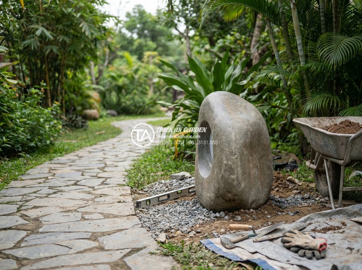 Xu hướng sử dụng đèn đá cuội tự nhiên trong thiết kế sân vườn 2026 - Hình 11 Xu hướng sử dụng đèn đá cuội tự nhiên trong thiết kế sân vườn 2026 - Professional team from Thien An Stone installing large natural pebble stone gard