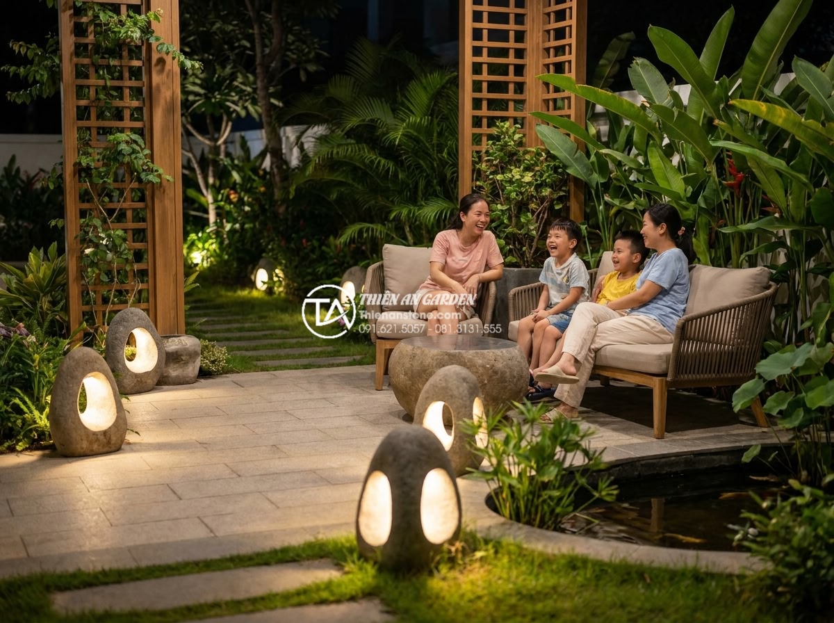 Xu hướng sử dụng đèn đá cuội tự nhiên trong thiết kế sân vườn 2026 - Hình 12 Xu hướng sử dụng đèn đá cuội tự nhiên trong thiết kế sân vườn 2026 - Completed luxury garden project with beautifully installed natural pebble stone