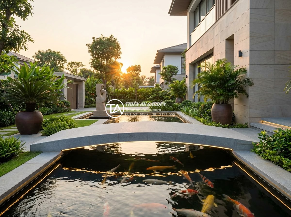 Xu hướng thiết kế cầu sân vườn 2026: Sự lên ngôi của phong cách tối giản - Hình 6 Xu hướng thiết kế cầu sân vườn 2026: Sự lên ngôi của phong cách tối giản - Luxury modern villa garden with minimalist granite bridge over koi pond, 2026 de