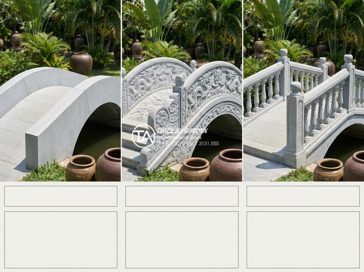 Xu hướng thiết kế cầu sân vườn 2026: Sự lên ngôi của phong cách tối giản - Hình 8 Xu hướng thiết kế cầu sân vườn 2026: Sự lên ngôi của phong cách tối giản - Comparison infographic style image showing three garden bridge styles 2026: mini
