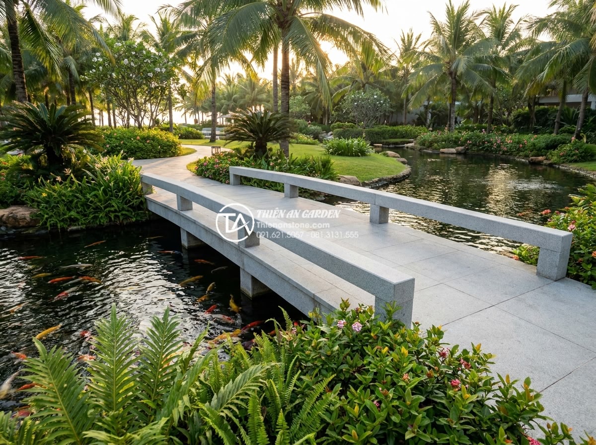 Xu hướng thiết kế cầu sân vườn 2026: Sự lên ngôi của phong cách tối giản - Hình 9 Xu hướng thiết kế cầu sân vườn 2026: Sự lên ngôi của phong cách tối giản - Stunning 5-star resort garden in Phu Quoc 2026 with elegant minimalist granite b