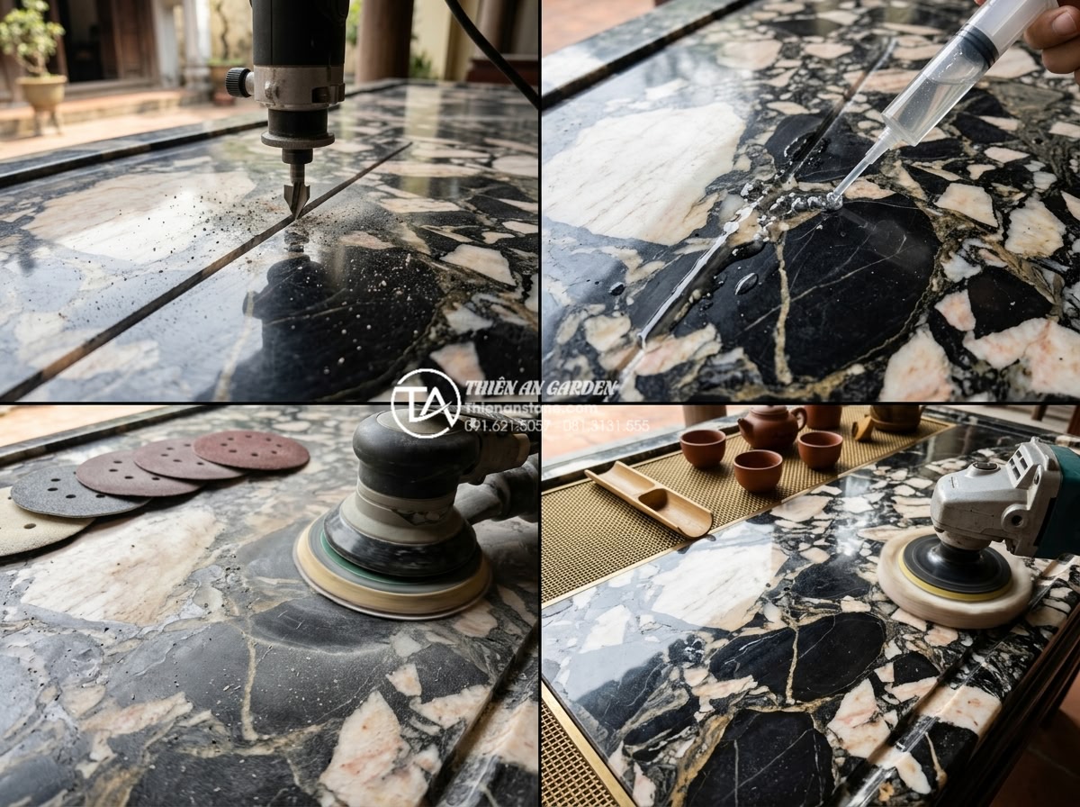 Xử lý bàn trà đá bị thấm nước hoặc nứt nẻ: Hướng dẫn từ chuyên gia - Step-by-step stone crack repair process showing V-groove preparation, epoxy inje
