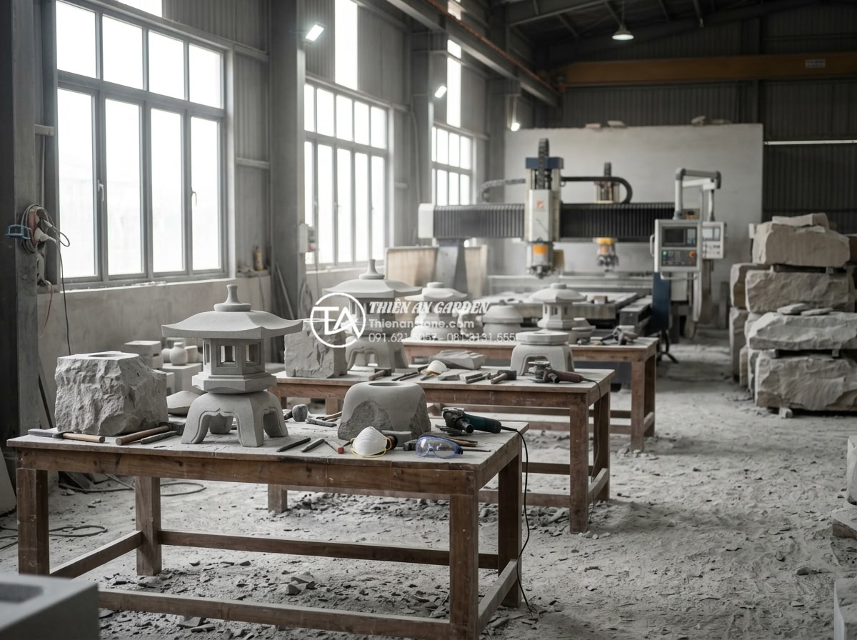 Xưởng sản xuất đèn đá sân vườn Đà Nẵng: Chất lượng từ làng nghề Non Nước - Hình 3 Xưởng sản xuất đèn đá sân vườn Đà Nẵng: Chất lượng từ làng nghề Non Nước - Interior view of modern stone workshop in Da Nang Vietnam, artisans carving larg
