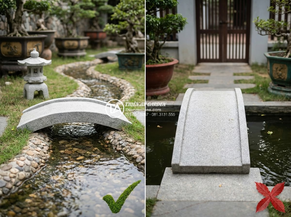 Ý nghĩa phong thủy của cầu đá: Biểu tượng kết nối tài lộc và bình an - Hình 10 Ý nghĩa phong thủy của cầu đá: Biểu tượng kết nối tài lộc và bình an - Professional illustration-style yet realistic photo showing correct and incorrec