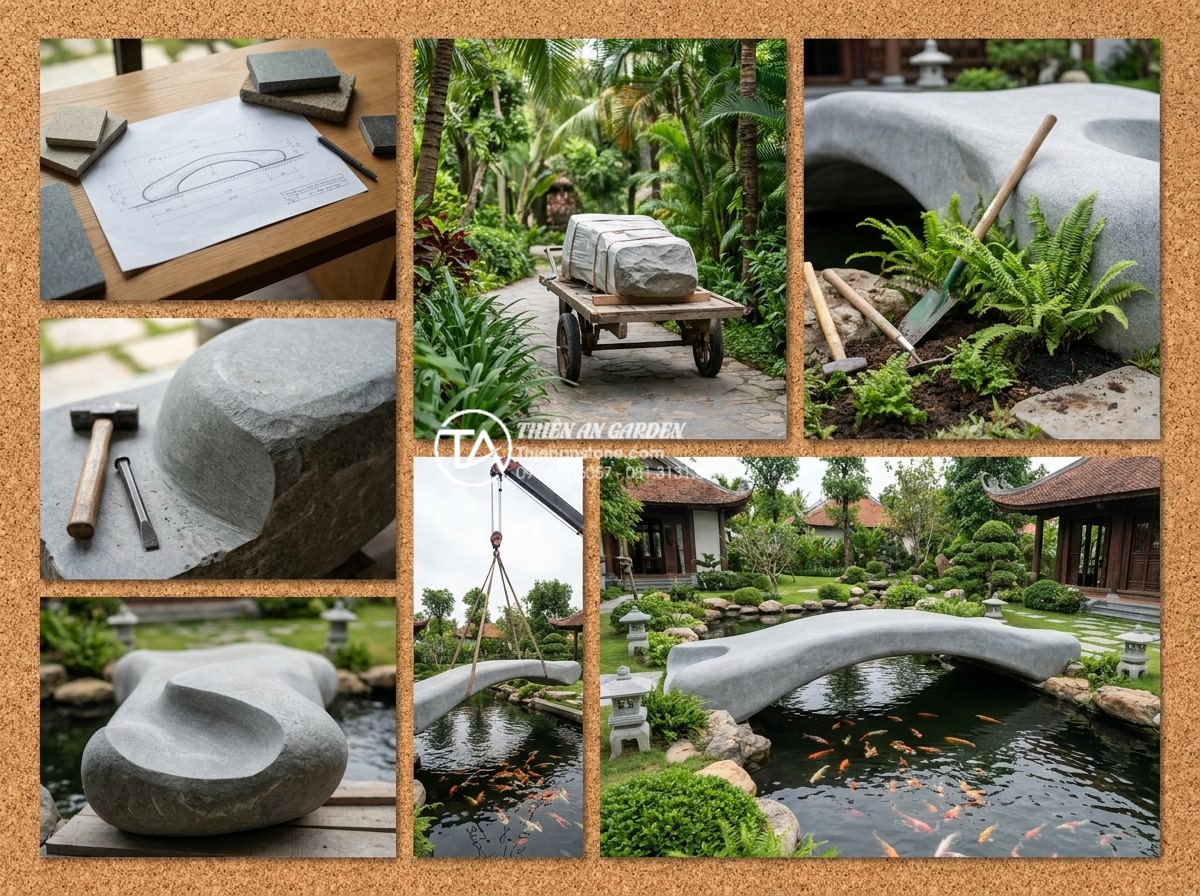 Ý nghĩa phong thủy của cầu đá: Biểu tượng kết nối tài lộc và bình an - Hình 13 Ý nghĩa phong thủy của cầu đá: Biểu tượng kết nối tài lộc và bình an - Professional construction process collage showing stages of natural stone bridge